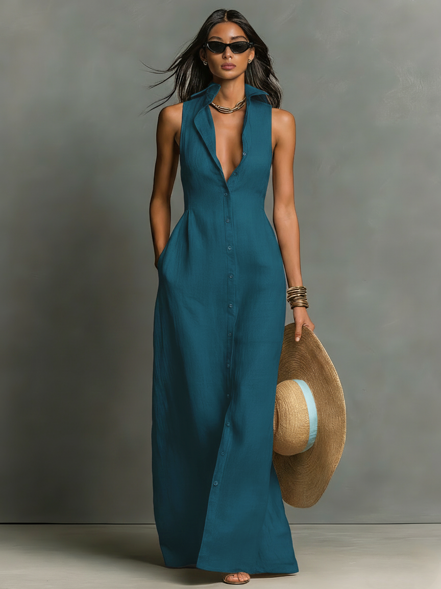 Aubrey | Women's Collared Maxi Dress | Sleeveless Button Front Vacation Wear-Women Dress-Pick NewYork