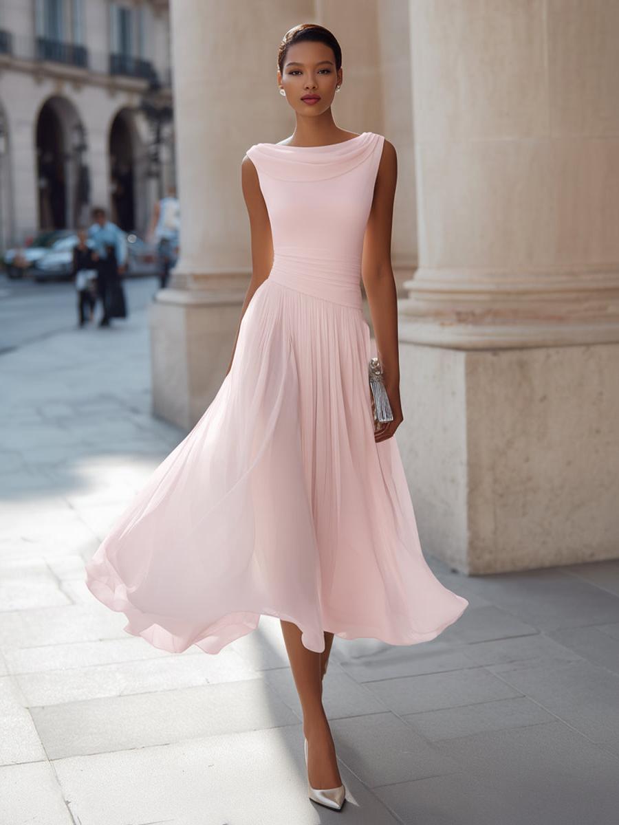 Celeste | Women's Pleated Midi Dress | Cowl Neck Open Back-Women Dress-Pick NewYork