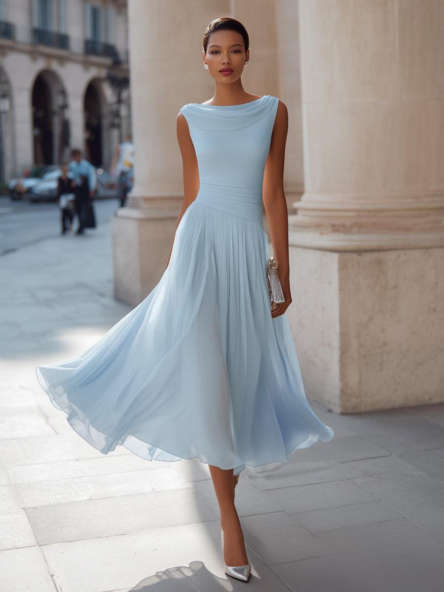 Celeste | Women's Pleated Midi Dress | Cowl Neck Open Back-Women Dress-Pick NewYork