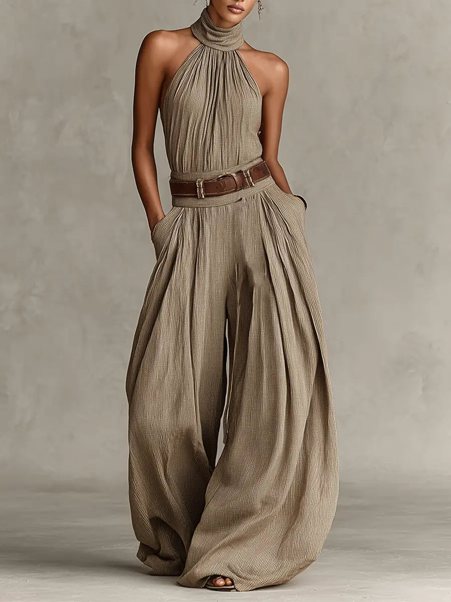 Aubrey | Women's Halter Wide-Leg Jumpsuit | Belted Waist · PNY