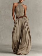 Aubrey | Women's Halter Wide-Leg Jumpsuit | Belted Waist · PNY