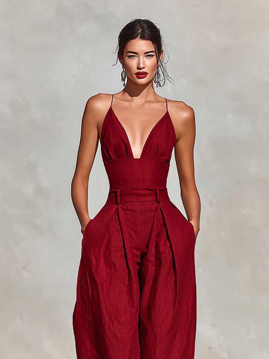 Clara | Damen High-Waist Leinen Wide-Leg Spaghetti-Träger Jumpsuit · PNY