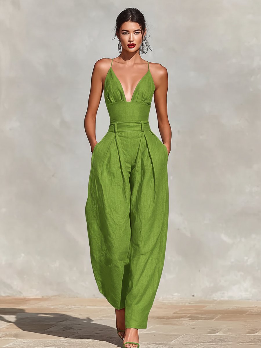 Clara | Damen High-Waist Leinen Wide-Leg Spaghetti-Träger Jumpsuit · PNY
