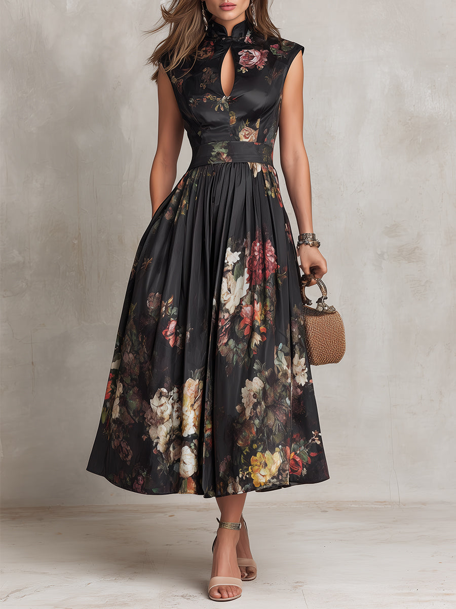 Victoria | Women’s Floral Print Midi Dress | Mandarin Collar Wedding Guest-Women Dress-Pick NewYork