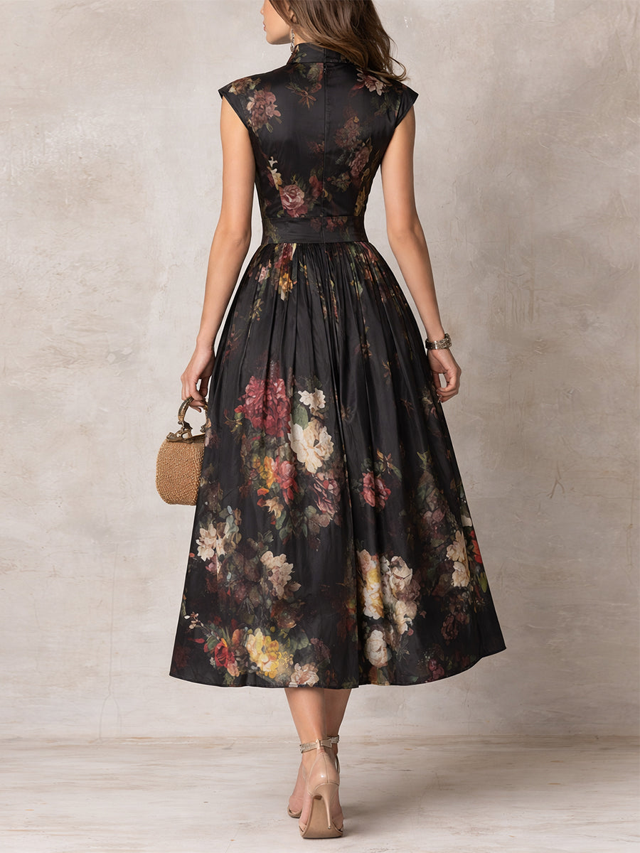Victoria | Women’s Floral Print Midi Dress | Mandarin Collar Wedding Guest-Women Dress-Pick NewYork