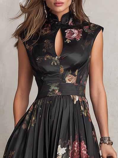 Victoria | Women’s Floral Print Midi Dress | Mandarin Collar Wedding Guest-Women Dress-Pick NewYork